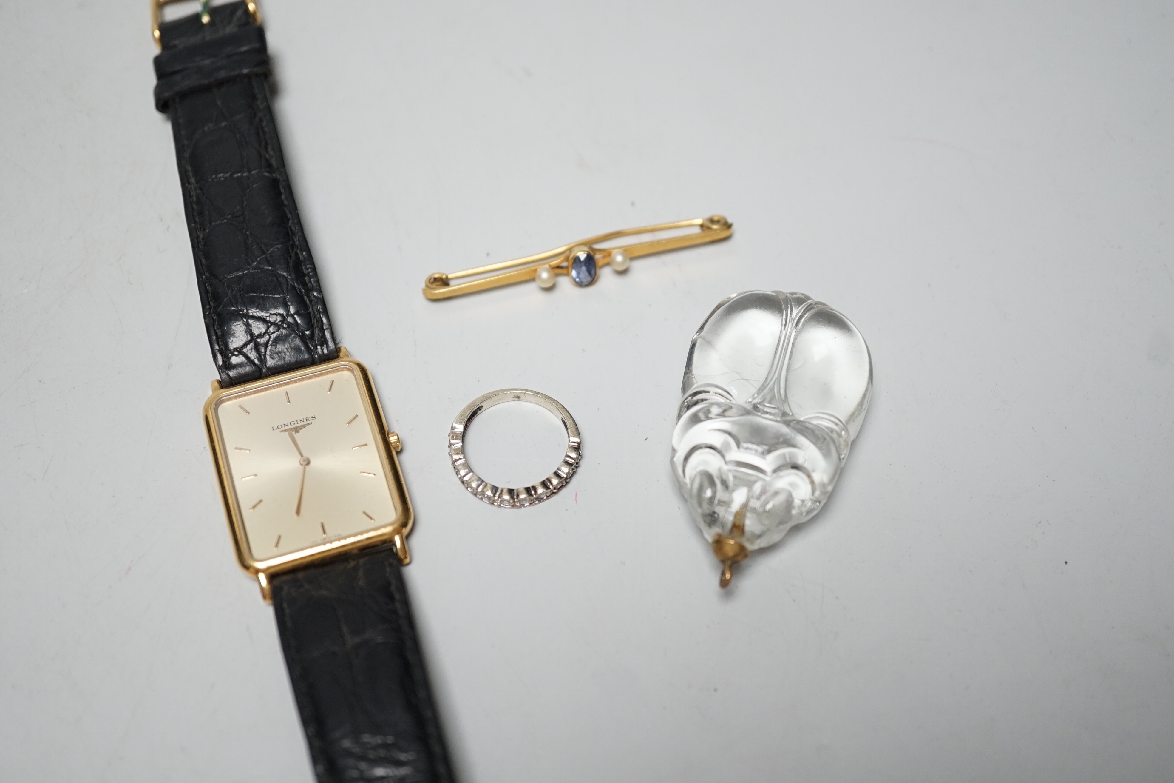 A gentleman's steel and gold plated Longines Le Grand Classique quartz wrist watch, a 9ct and gem set bar brooch and two other items.